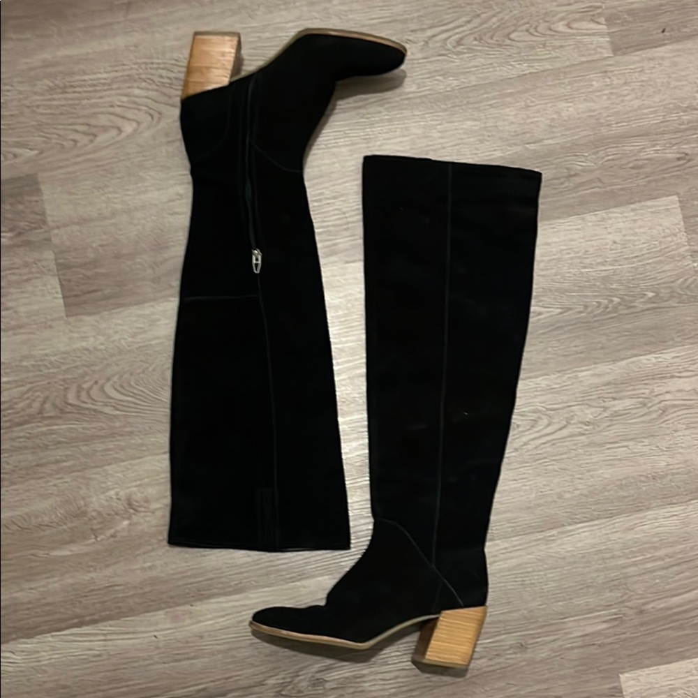 Black Knee-High Boots with Wood Block Heel